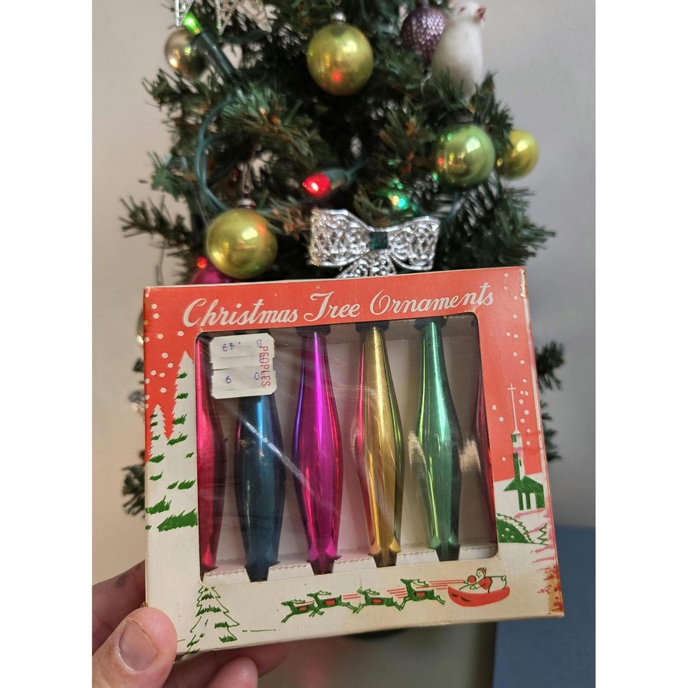 Vintage Japan 4" Glass Torpedo Teardrop Christmas Ornaments Set of 6 Box